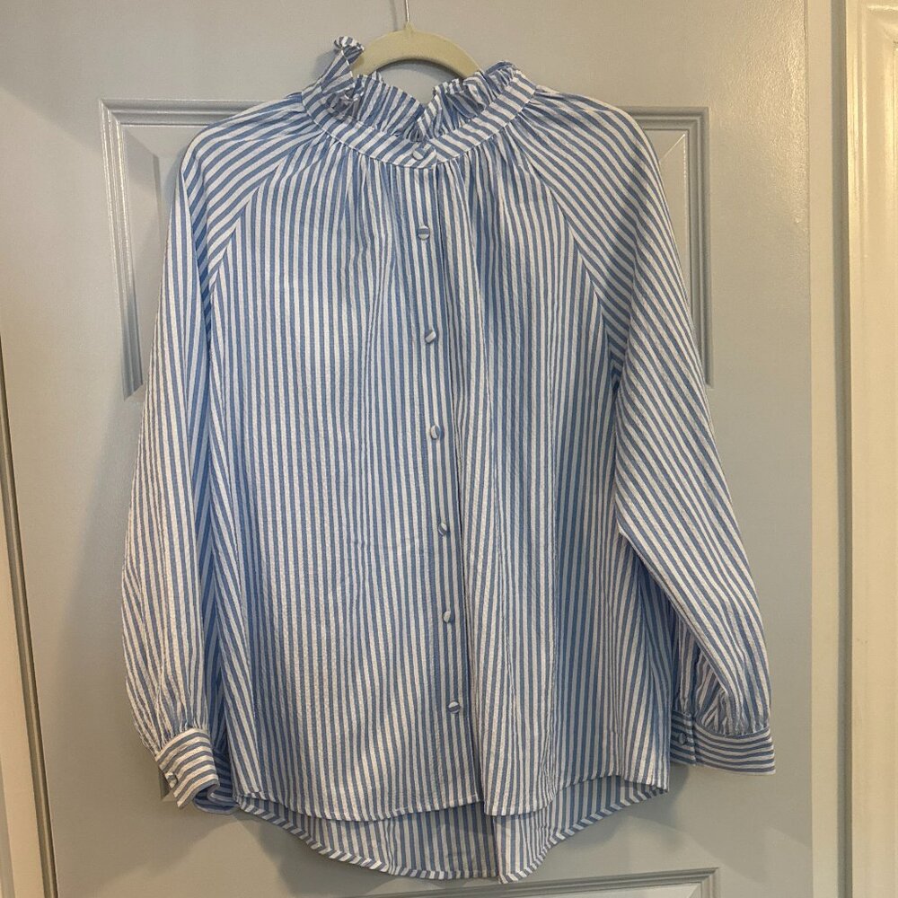 Pomander Place Ruffle Neck Blouse Button Down